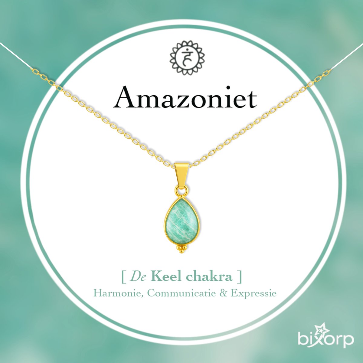 Bixorp Amazoniet Druppel Ketting - Goud Verguld S925 Zilver + Edelsteen Hanger - Traan Bedel - Spirituele Chakra Ketting met Cadeau Kaartje - 45cm + 5cm verstelbaar
