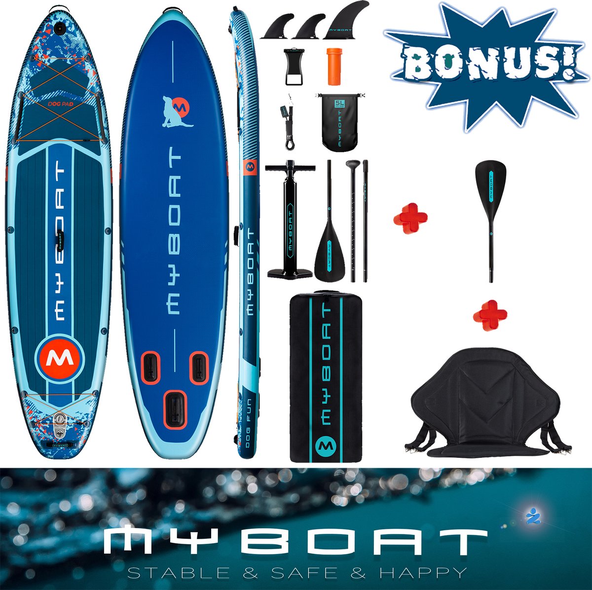 Ultra Licht & Stabiel MyBoat Water Runner Boord met je hond of samen | Extra Breed Opblaasbaar 350cm Stand Up Sup Paddle Board | Speciale Doggy Antislip Plek voorop de Sup plus sportief zitje en extra peddel blad voor de kajak/kano paddel ervaring