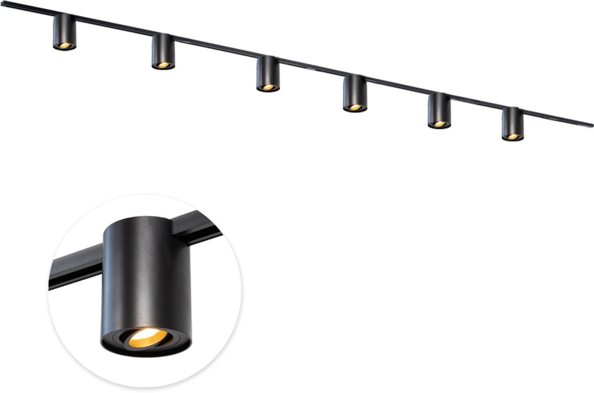 Qub Viror Railverlichting - Zwart - 400 cm - I-Vorm - 6x GU10 Cylinder Spots - Dimbaar - Complete Set