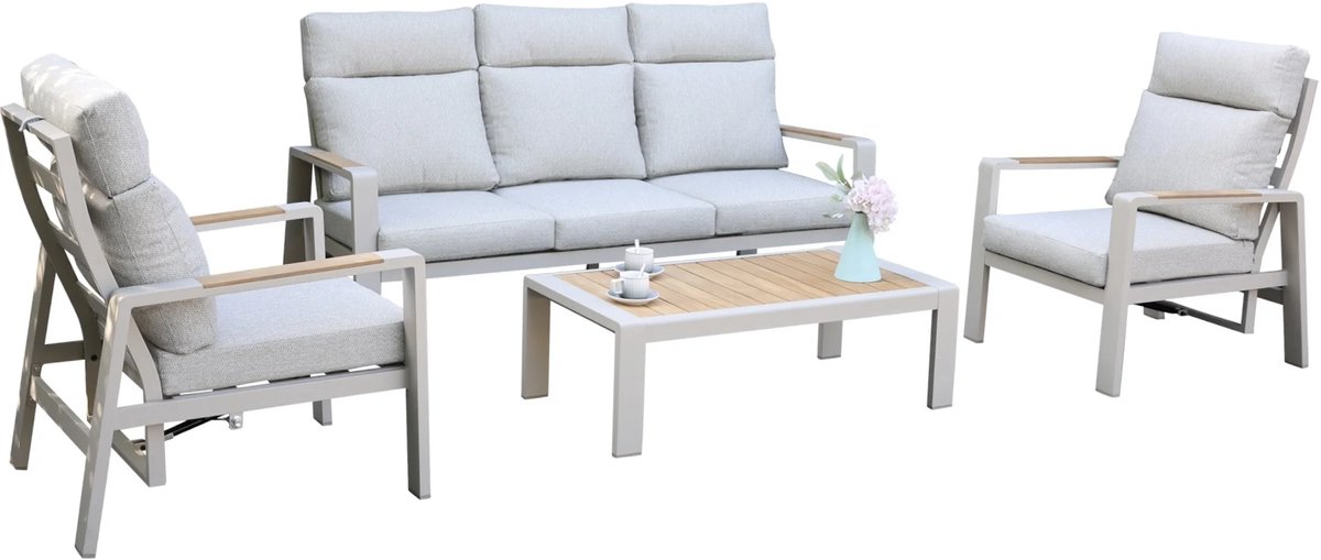 AVH-Collectie Ripasso stoel bank loungeset verstelbaar 4 delig latte zand aluminium Zand / Latte / Linen