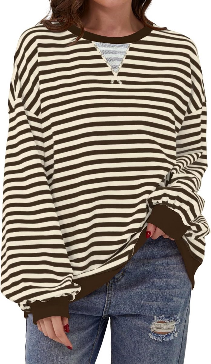 Oversized Gestreept Sweatshirt voor Dames met Ronde Hals en Lange Mouwen