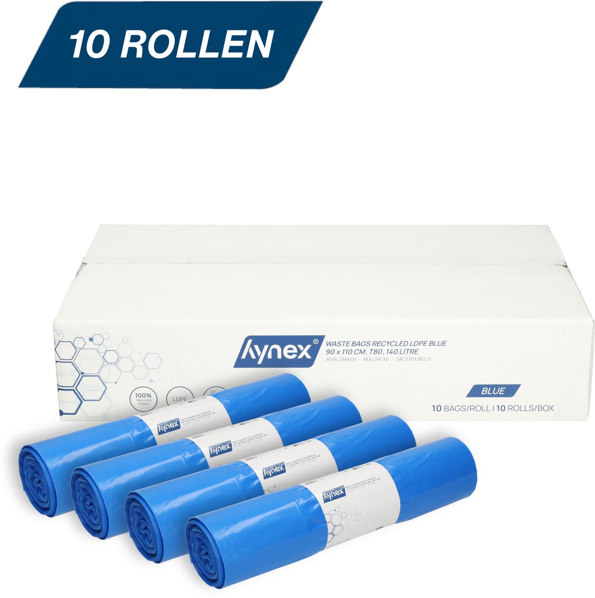 Hynex Vuilniszak 140 liter - 100 stuks - Afvalzakken - Gerecycled LDPE - 90x110 cm - 10 rollen x 10 stuks - Blauw