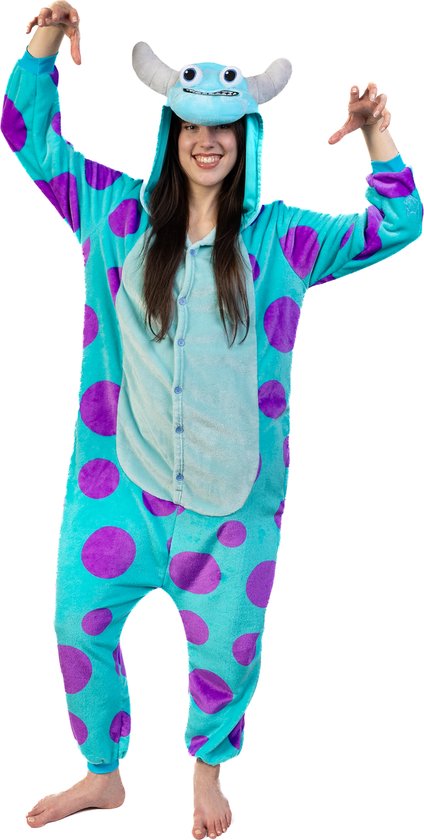 KIMU Onesie Sulley Blauwe Draak Pak - Maat L-XL - Dino Monster Kostuum Monsterpak Drakenpak Monsters Volwassenen Dames Heren Fleece Sully Huispak Carnaval Carnavalspak