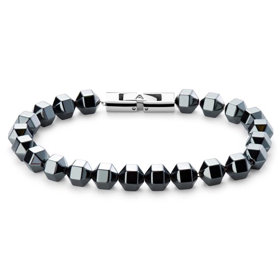 Bracelet gris foncé avec des perles d'hématite hexagonales et un fermoir argenté.