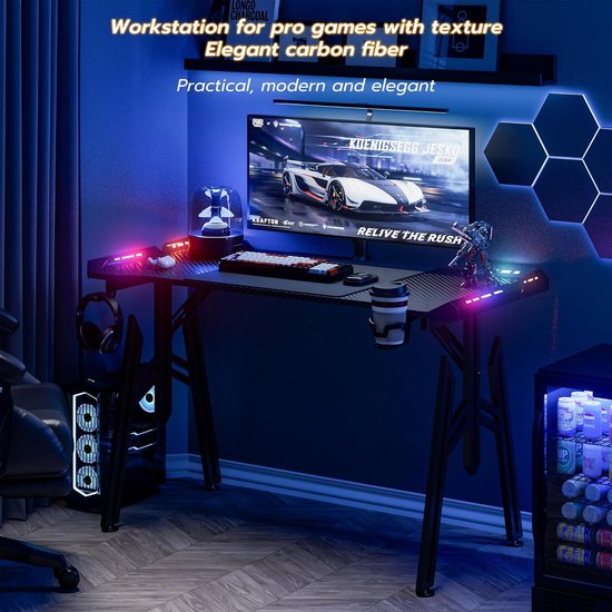 Ergonomisch Gaming Bureau met LED Verlichting Koolstofvezel Zwart Groot Werkstation — afbeelding 5