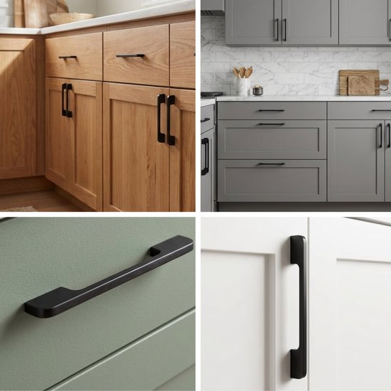 Verschillende stijlen en kleuren handgrepen op houten en grijze keukenkastjes.