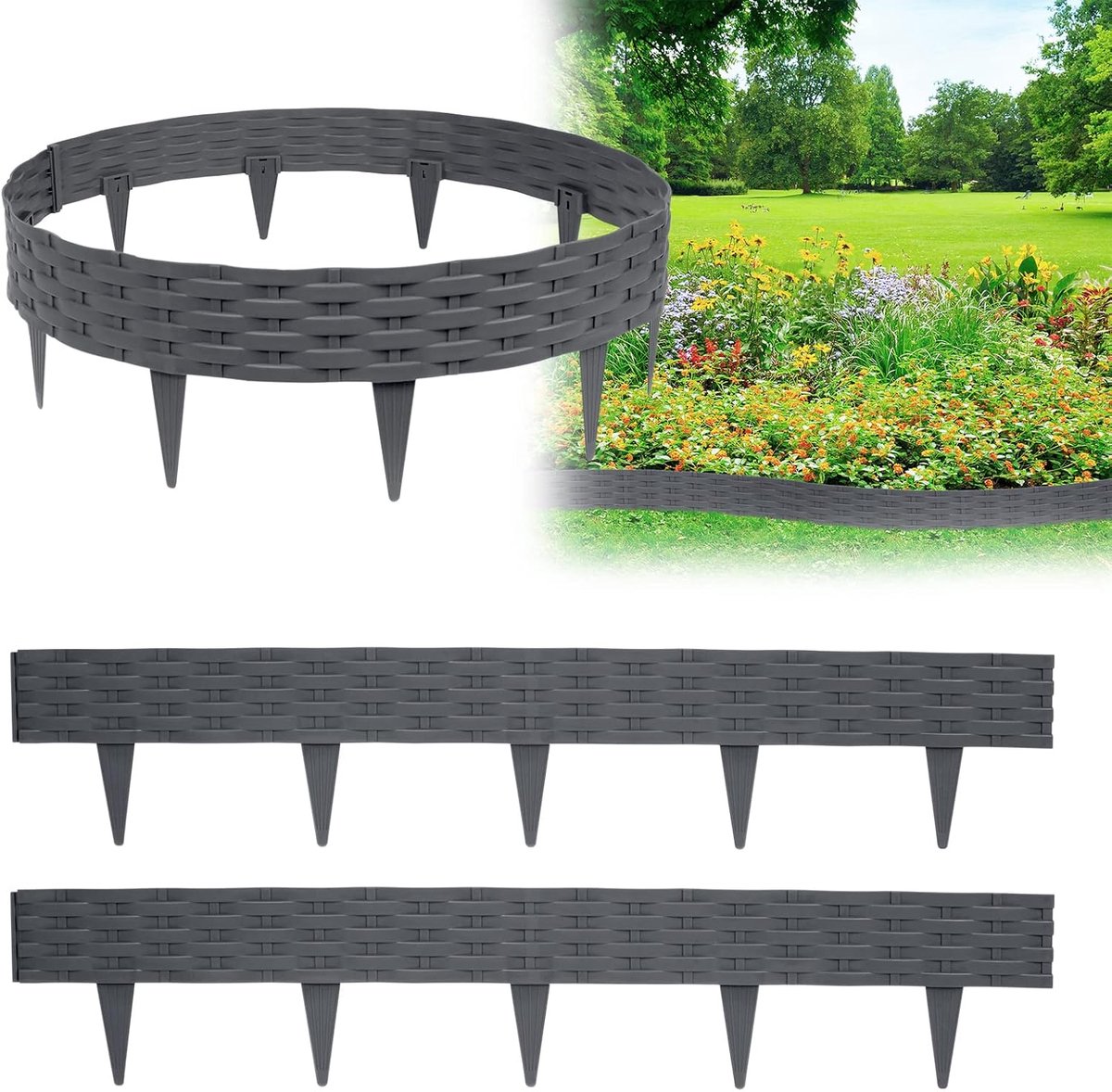 Bloembedomrandingen Kunststof 5 stuks 100x20cm Rotan-look Gazonrand [totale lengte 5m] Antraciet Palissades Borderrand voor Tuin/Perk/ Gazon , NAIZY