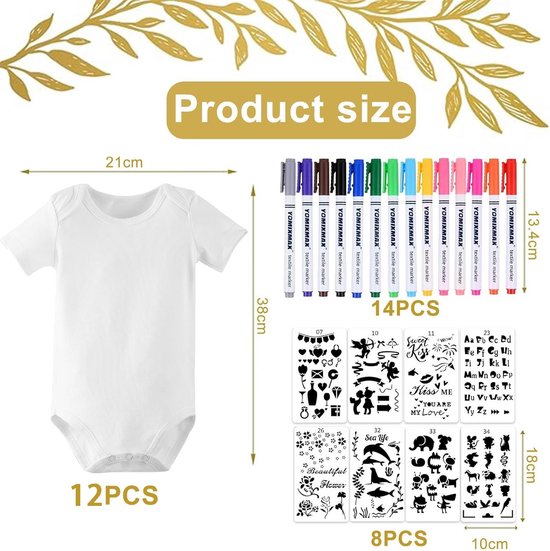 8 Rompertjes Kort Mouw Set met 14 Textielstiften en Sjabloon voor Babyshower Cadeau — afbeelding 3