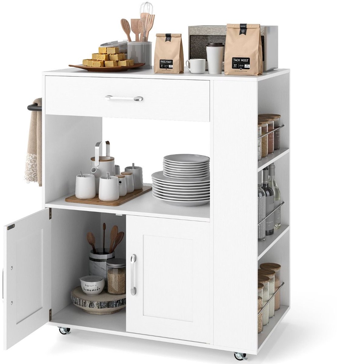 Keukeneiland - Verplaatsbaar - Keukenkast - Dressoir - Organizer - Kasten - Houten Werkblad - Wit