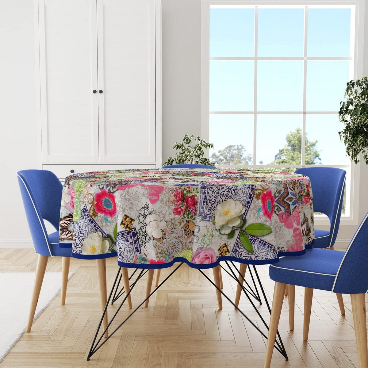 Ronde Tafelzeil 160 cm - Met Bloemen en Vlinders Mozaïek