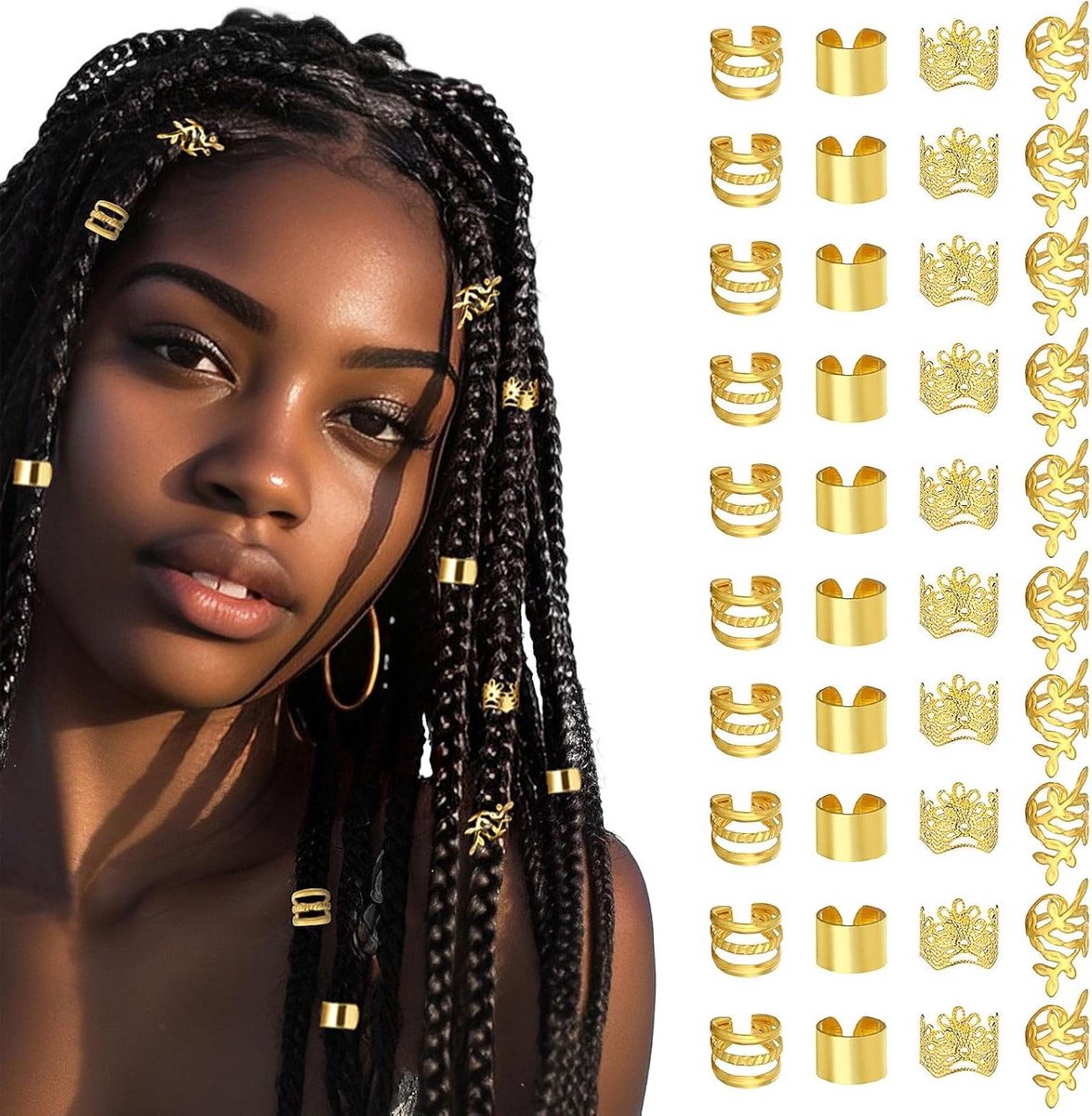 Haaraccessoires voor vlechten - 40 stuks - verstelbare vlechtringen - haarspiralen - clips - haarringen - dreadlocks - accessoires - vlechtwerk - haarsieraden - goudkleurig styling.