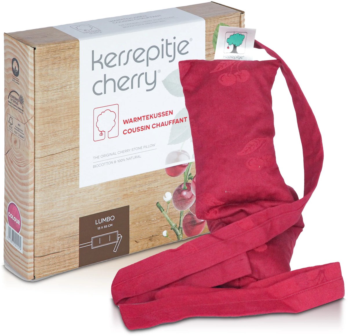 Kersepitje® Lumbo - Langwerpig Kersenpitkussen Met Linten - The ONLY Original - 13x55cm