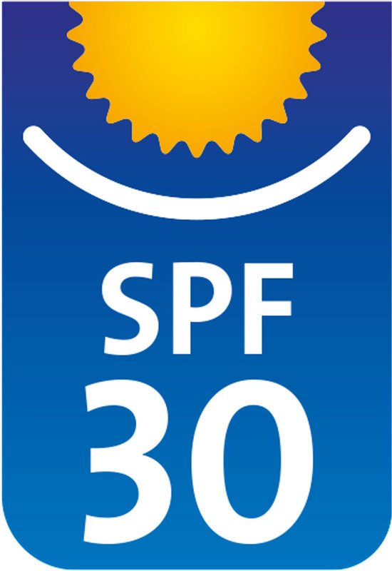 Logo met zon en de tekst SPF 30 op blauwe achtergrond.