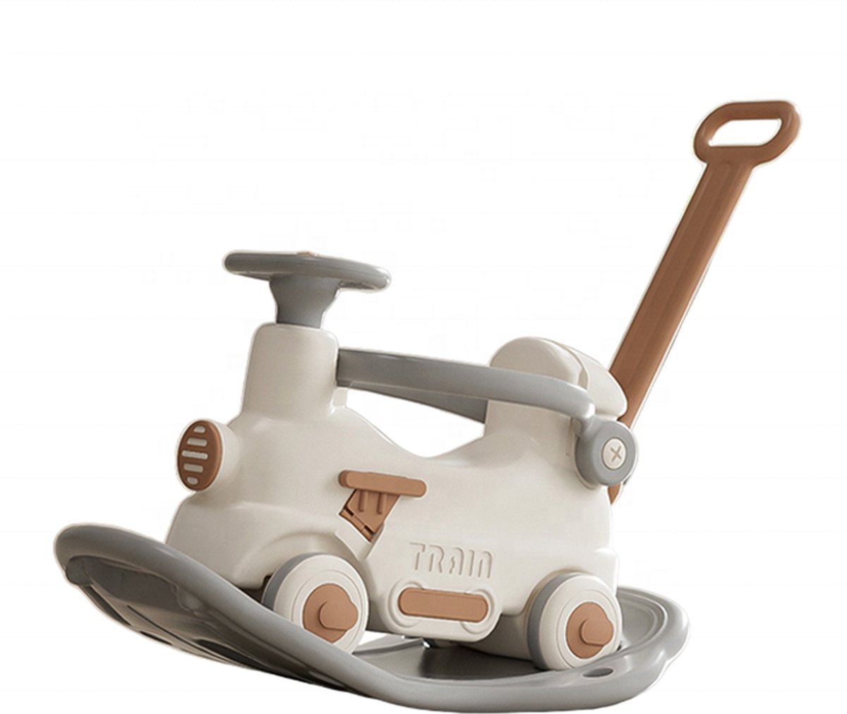 Mogi Products - 3-in-1 Schommeltrein & Loopauto - Kindervoertuig met Duwstang en Veiligheidsbeugel - Schommelpaard Baby & Peuter - Beige/Grijs