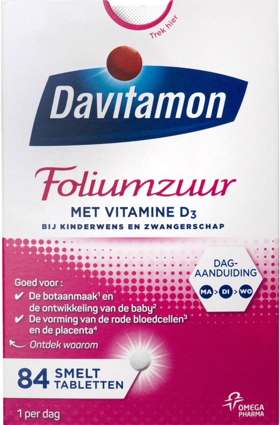 Davitamon Foliumzuur met vitamine D3 bij kinderwens en zwangerschap. 84 smelttabletten.