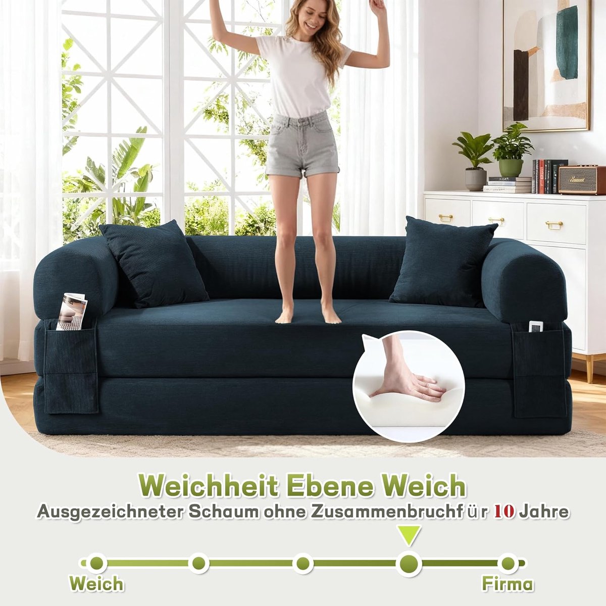 Vloerbank met Slaapfunctie 210 x 75 x 60 cm – 3-Zits Modulaire Uitklapbare Slaapbank met 2 Kussens, Boneless Design, Fluweel Donkerblauw – 8025 – Abkantoor