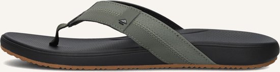 Zijkant van een zwarte Reef slipper met olijfgroene band met stiksels, bruine zool.