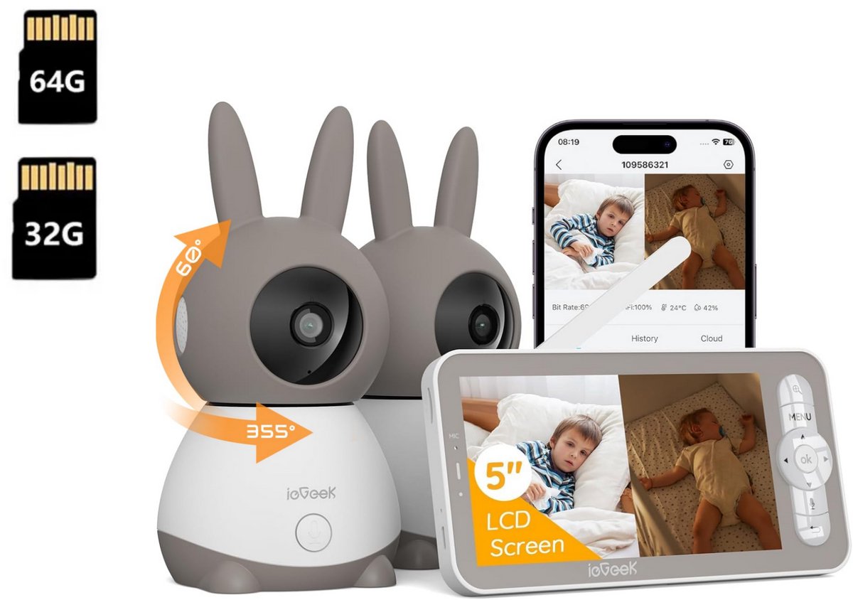 eGeek Babyfoon met 2 Camera's en Groot 5 Inch HD Baby Monitor - met Slimme Functies - Nachtzicht - Baby Camera - Inclusief 32 GB 64 GB-kaart