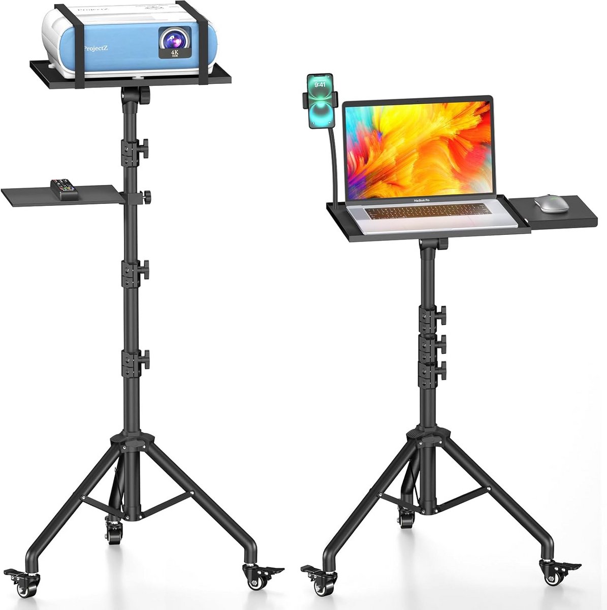 In hoogte verstelbaar Projectorstatief met Wielen en Laptop Plateau - Stevig Metalen Trolley