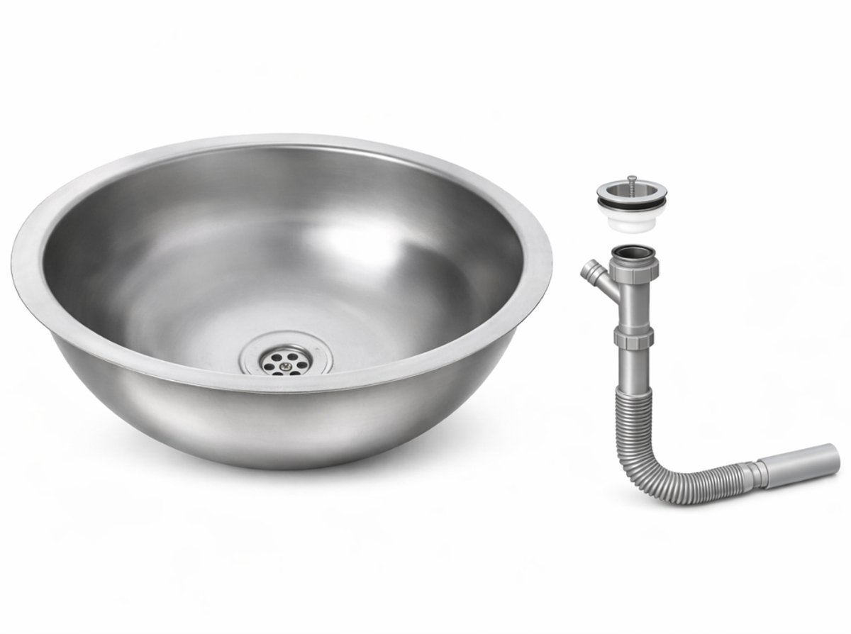 RVS Spoelbak Keuken Ø34cm Rond – Wasbak caravan keuken - Met Sifon – Spoelbakken Keuken – zonder Kraangat - Wasbak Keuken