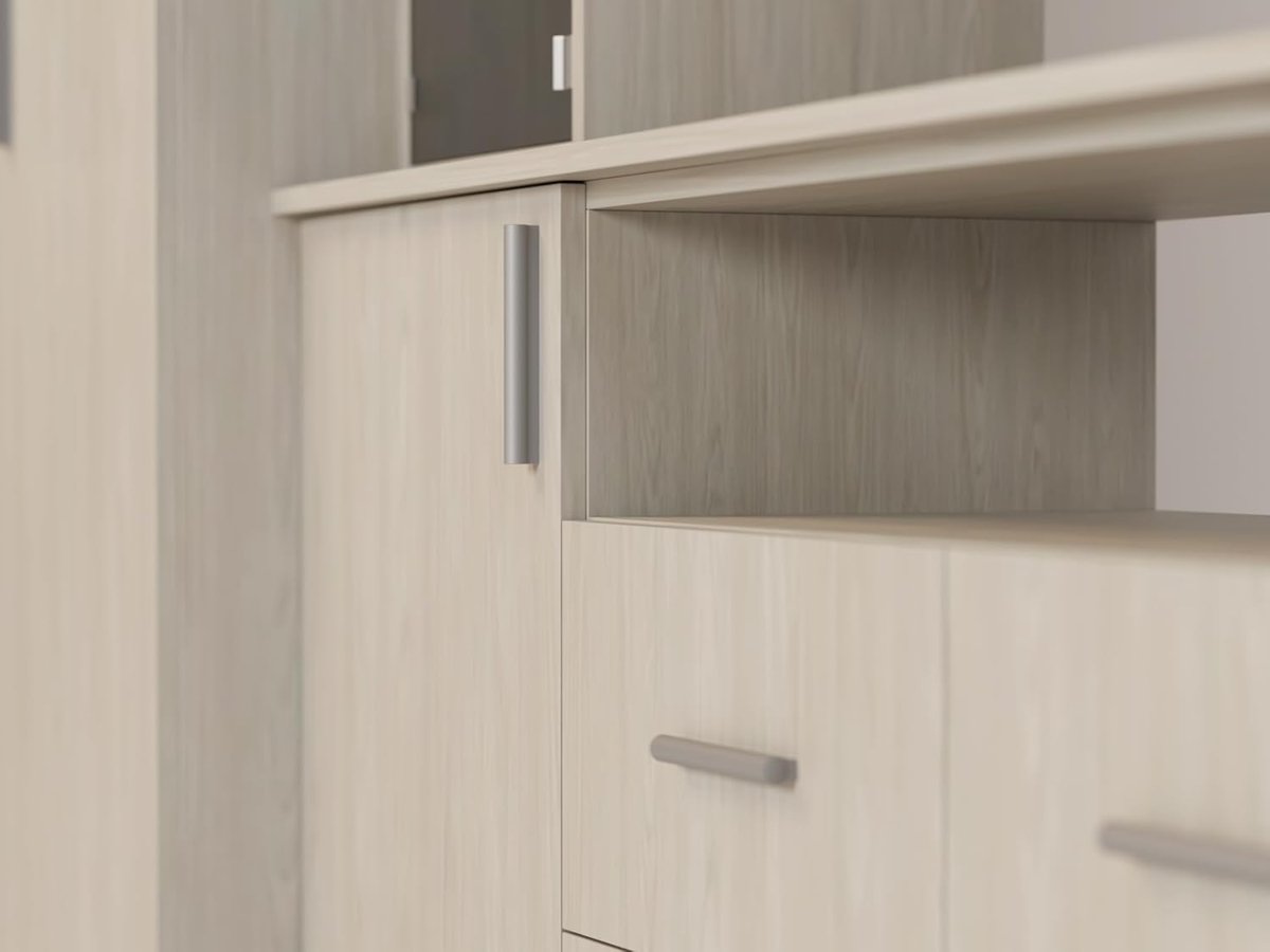 Woonwand 380 x 240 x 54 cm – Moderne Schrankwand met TV Meubel, Vitrinekasten met Rookglas en Hangkasten – Eiche Windmill Helle – Nesto Living XXL – Abkantoor