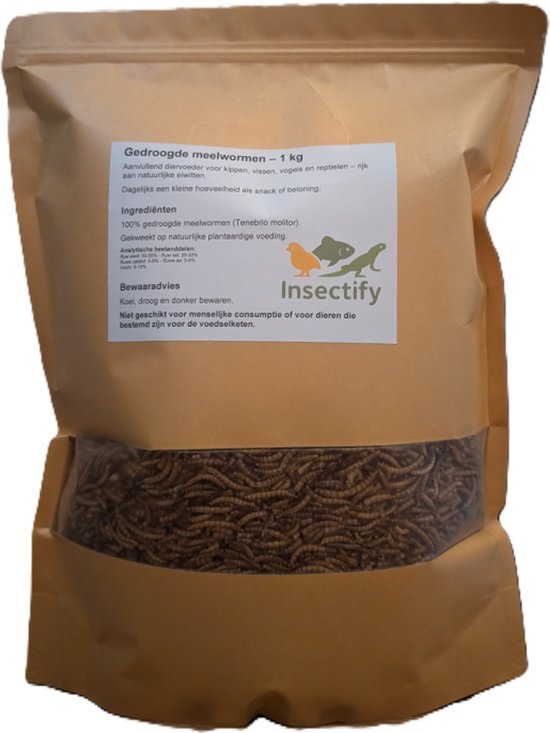 Meelwormen Gedroogd 1kg - Kippenvoer & Vogelvoer voor Buitenvogels - Hoog Eiwit Diervoeder - Hersluitbare Zak - Insectify