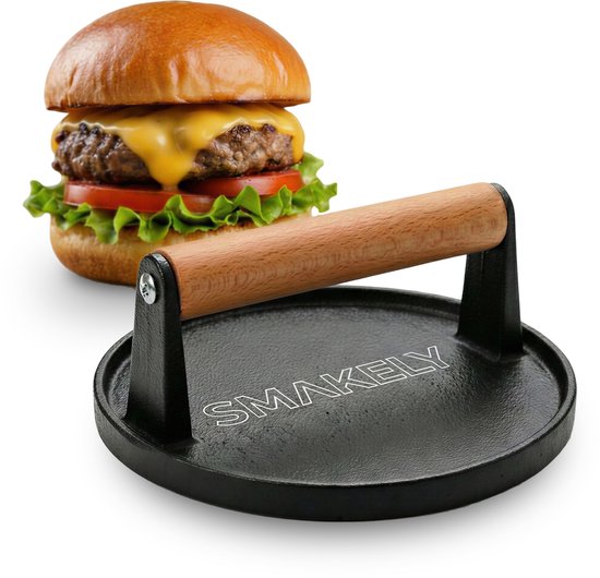 Smakely® Hamburgerpers XL - Gietijzer - Smash burger press - Met houten handvat - BBQ accesoires - Burger pers - Smashburger tool - Grill pers - Hamburger maker - Voor BBQ en pan - Keukengerei