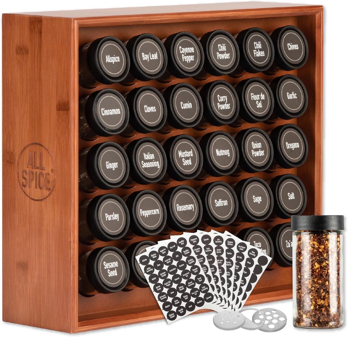 Houten Kruidenrek met 30 Glazen Kruidenpotjes