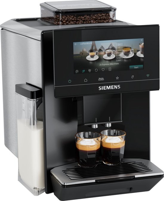 Zwarte en zilverkleurige volautomaat met twee koppen espresso macchiato.