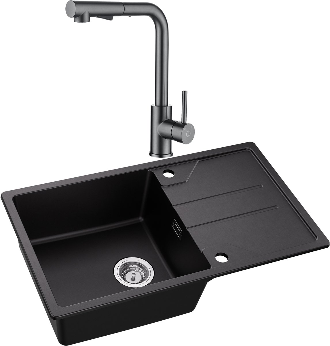DERW MAX Granieten Spoelbak voor keuken 78x45cm - Enkele Spoelbakken Met Keukenkraan Met Uittrekbare Uitloop - Onderbouw Spoelbak Antraciet - Met Planchet en Waterafvoersysteem - Voor 60 cm Kast