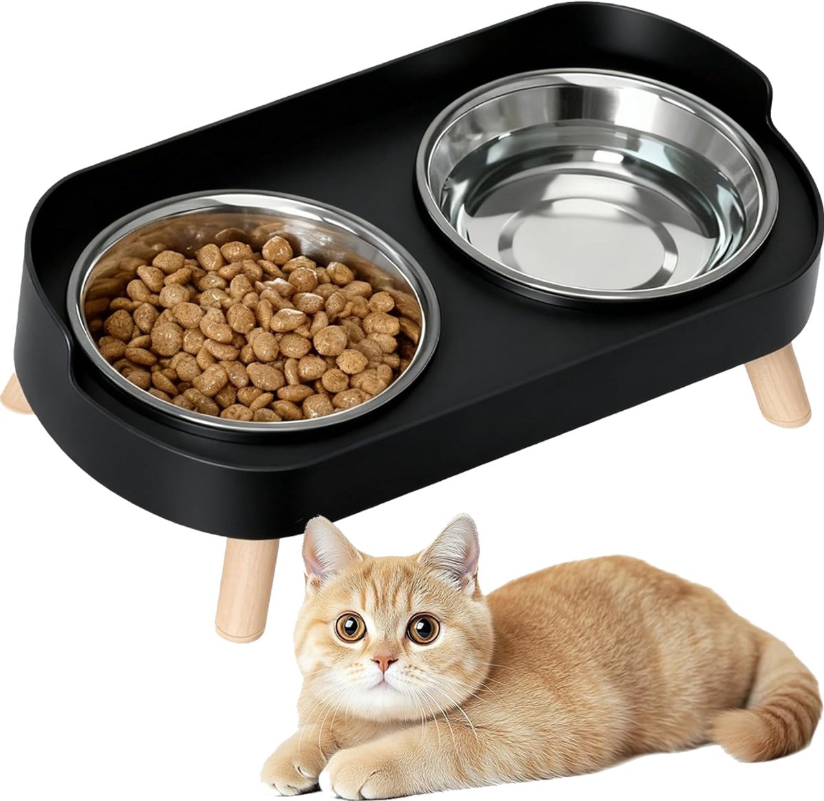 Verhoogde voer- en waterbakken voor katten - Set van 2 verhoogde voer- en waterbakken van roestvrij staal - Spatwaterdicht en antislip, snorhaarvriendelijk - Vaatwasmachinebestendig voor katten en kleine honden - Zwart