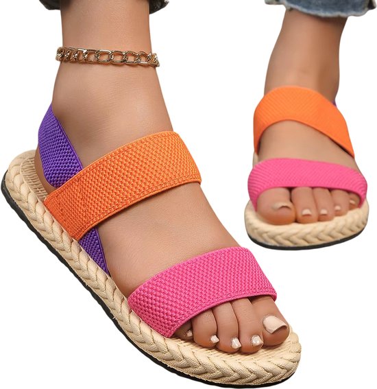 Dames Sandalen Platte Elastische Zomerschoenen, Antislip, Slijtvast, Multikleur, Comfortabel, Casual, Mode Trend, Lichtgewicht en Veelzijdig voor Dagelijks Gebruik - Maat 40