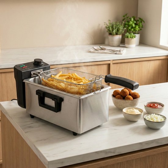 Roestvrijstalen friteuse met frietjes, bitterballen, en dipsausjes op een aanrecht.