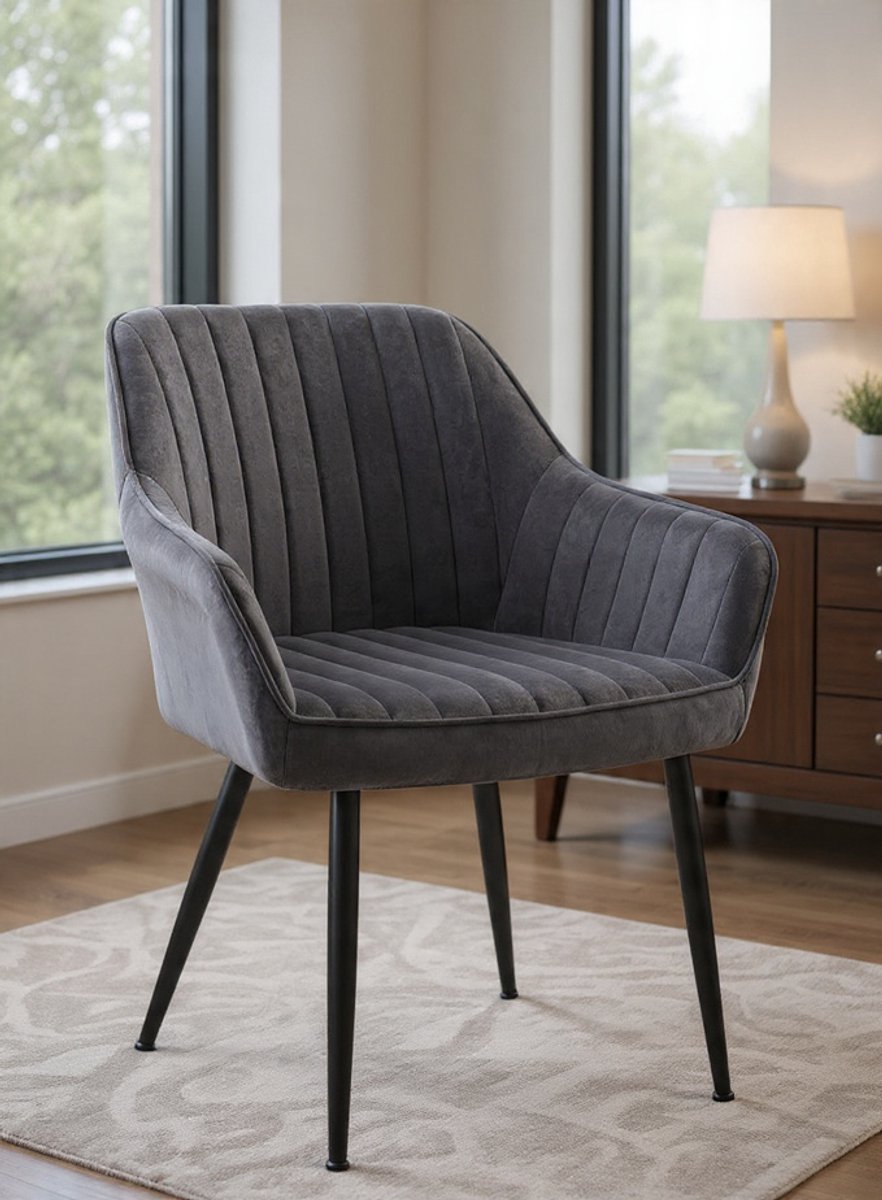 Oslo Fluweel Gestoffeerde Eetkamerstoel met Armleuningen - Luxe Fauteuil met Ergonomische Zitbreedte, Brede Zitbreedte 49 cm, Metalen Poten - Comfortabel voor Eetkamer, Woonkamer en Slaapkamer - Kl...