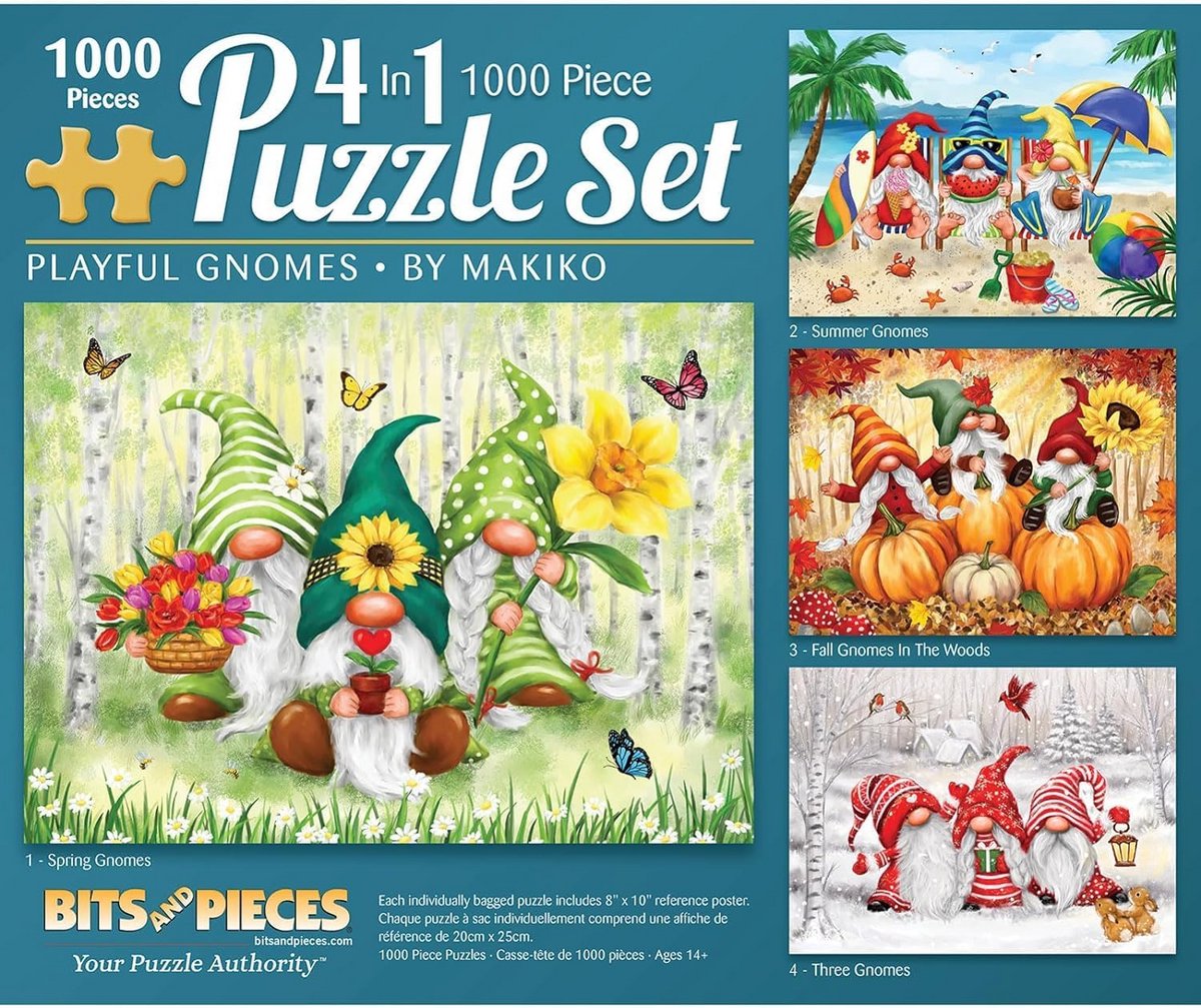 4-in-1 Puzzelset 1000 Delen - Vrolijke Tuinkabouters Collectie