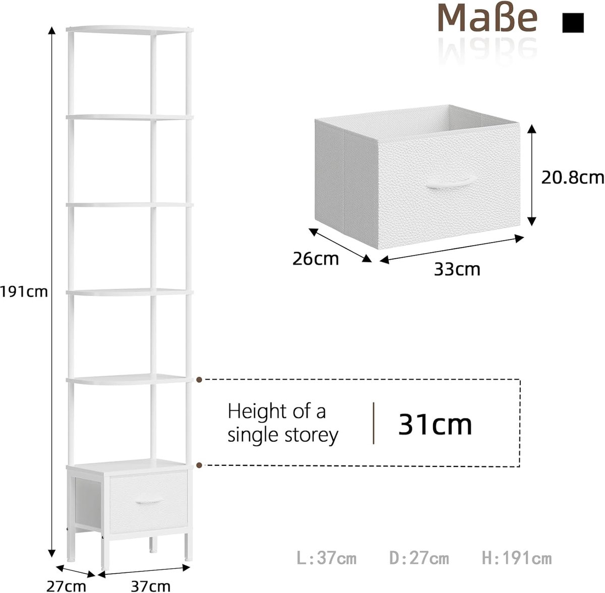 boekenkast Hoek met Lade en LED Verlichting – Casa Velluto Lumina Corner XL 191 cm – Smalle Hoekplank 6 Niveaus – Moderne Boekenkast met Stoffen Lade – Wit Metaal & Hout – Voor Woonkamer, Slaapkamer en Kantoor