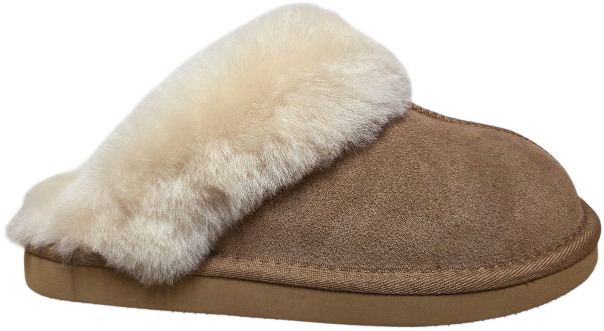 van Buren Slippers Lumi Camel Open Pantoffels Lamsvacht Gevoerde Sloffen