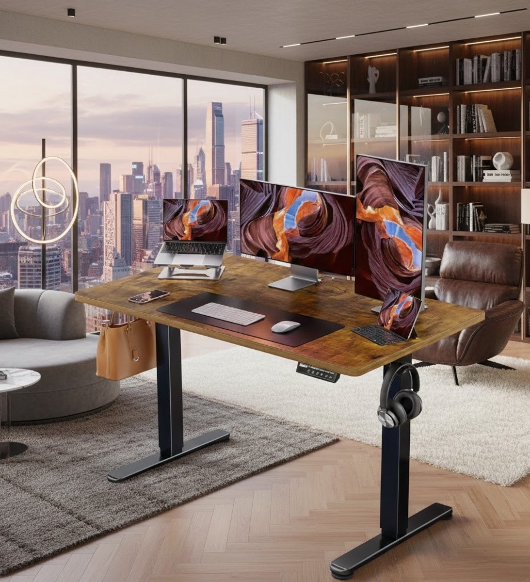 Elektrisch Zit-Sta Bureau 120x60 cm met Geheugenfunctie & Stil Motor Systeem – In Hoogte Verstelbaar 72-118 cm – Vintage Houtkleur – Ergonomisch Thuiswerk Bureau – Casa Serena – Casa Dorada