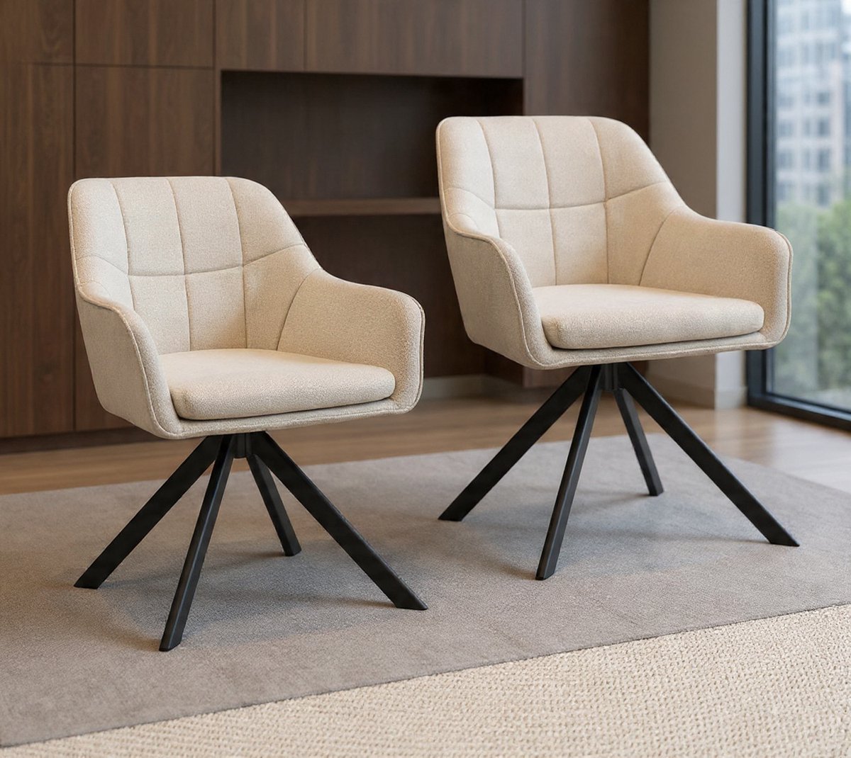 Beige draaibare eetkamerstoel met armleuningen, set van 2, draaibare eetkamerstoel, keukenstoel, gestoffeerde stoel, gemaakt van polyester, met metalen poten voor eetkamer, keuken, kantoor - Casa S...
