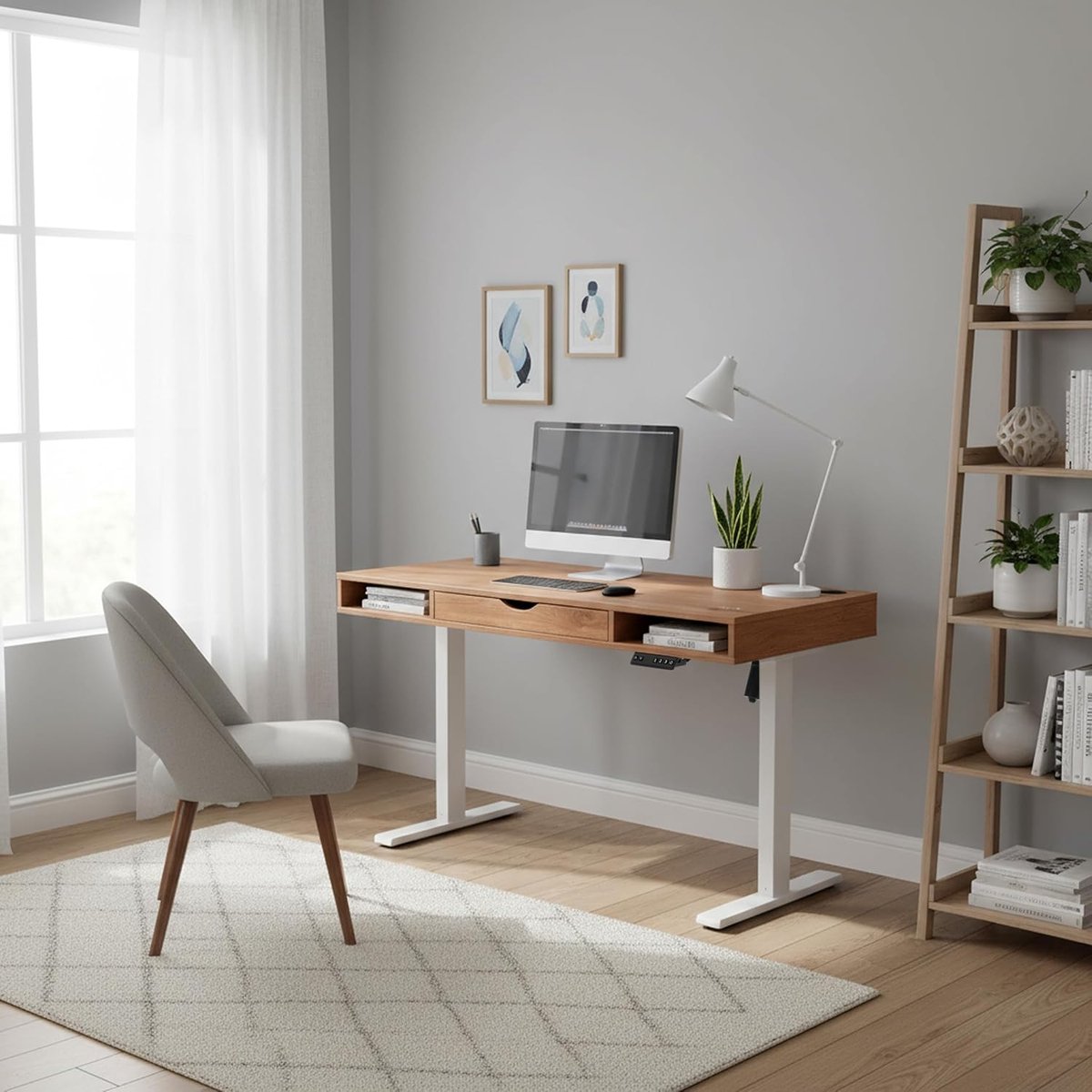 Elektrisch Zit-Sta Bureau 120x60 cm met Geheugenfunctie, USB-hub en Lade – In Hoogte Verstelbaar 72-110 cm – Eiken/Wit – Abkantoor MotionDesk Pro