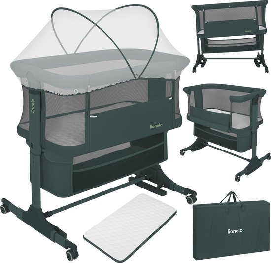 Lionelo Jodie 3in1 Wieg – Aanschuifbed, Vrijstaand Bedje & Schommelwieg – Co-sleeper - 6 Hoogtestanden – T25 Matras – Neerklapbare Zijde – Inclusief Klamboe & Mand