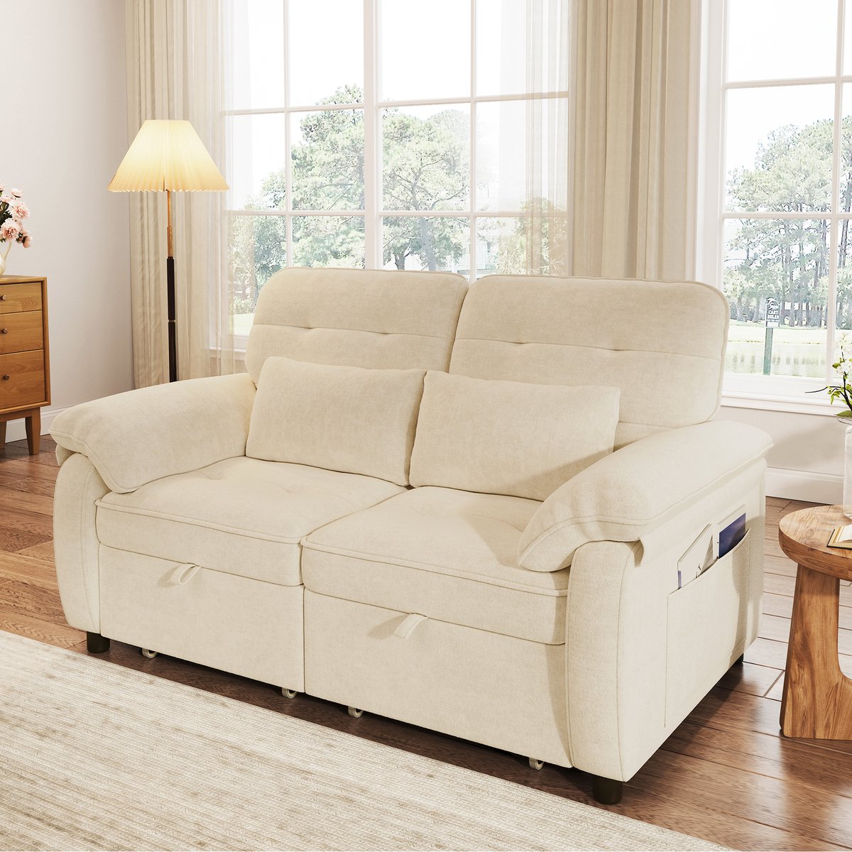 OKWISH Slaapbank 142 X 90 X 86,5 Cm - Drie In Een Met Verstelbare Rugleuning En Usb Opladen - Woonkamer Of Logeerkamer - Chenille - Beige