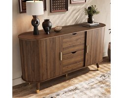 OKWISH Dressoir Met Verticale Houtstructuur Met 2 Schuifdeuren En 2 Lades Voor Woonkamer En Hal MDF Walnoot 140x40x79,5 Cm