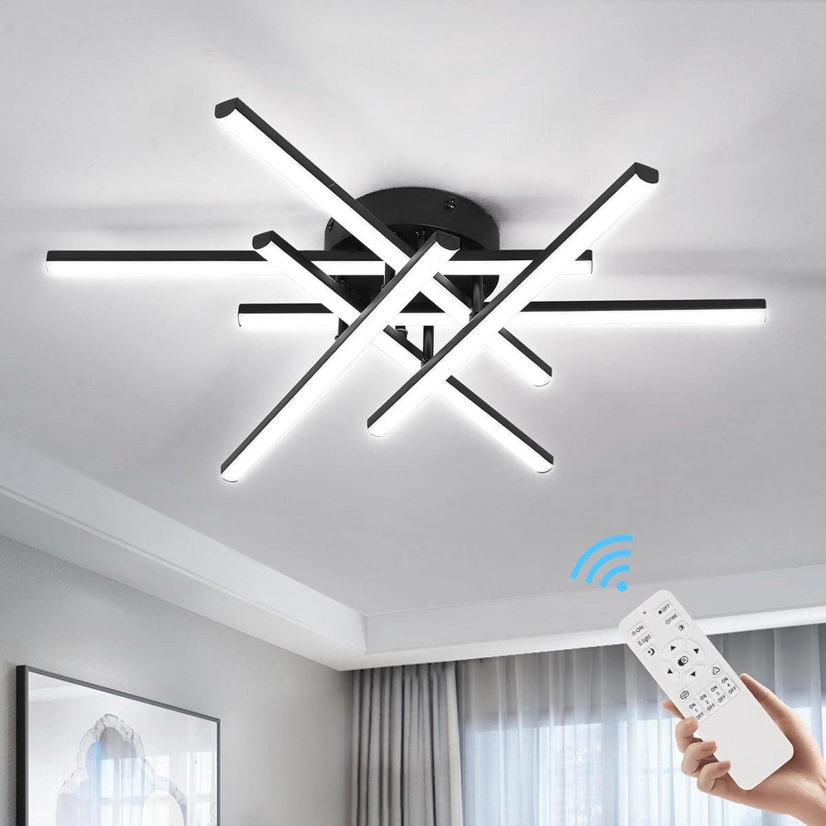 Zes-vlammige dimbare LED plafondlamp zwart 55 cm met afstandsbediening