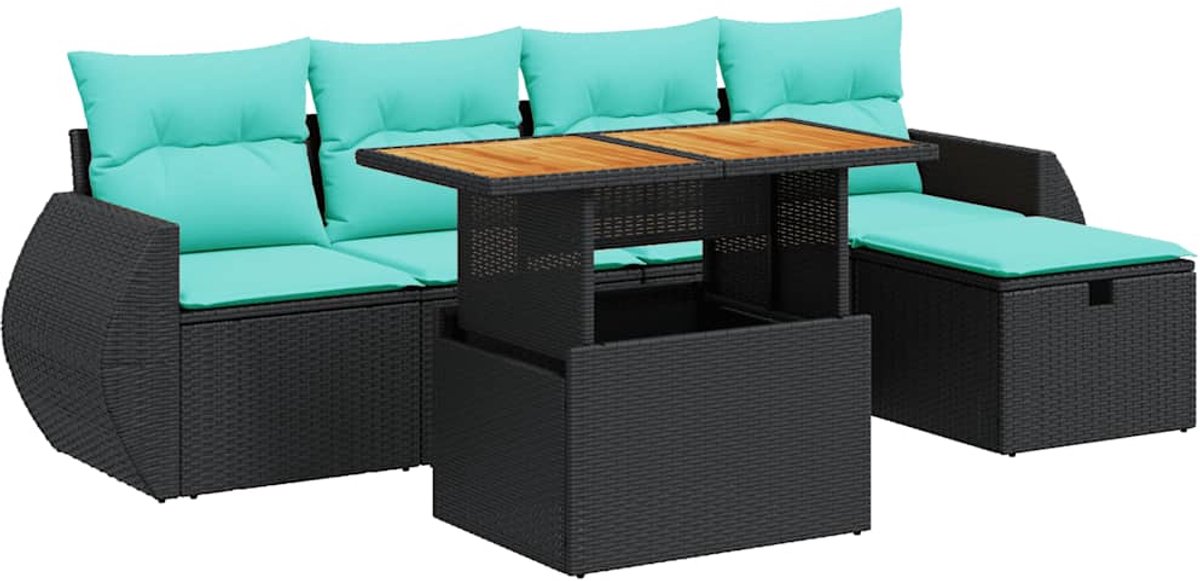 vidaXL 6-delige - Loungeset - met - kussens - poly - rattan - acacia - bruin zwart
