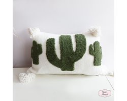 Marokkaans Berber pompom kussen met cactus, wit