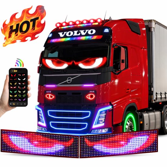 Rode 'boze ogen' LED-verlichting op een rode Volvo-vrachtwagen, met mobiele app en twee LEDstrips.