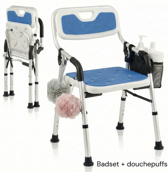 BY JRM® Douchestoel - Douchekruk - Incl. badset, douche puff, douchekophouder - Met Armleuning - Hoogte Verstelbaar - Antislip - Opklapbaar - Blauw
