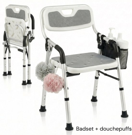 BY JRM® Inklapbare Douchestoel - Douchekruk - Incl. badset, douche puff, douchekophouder - Met Armleuning - Hoogte Verstelbaar - Antislip - Grijs