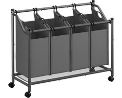 Songmics Wasmand met wielen, wasmand met 4 verwijderbare waszakken, waswagen, wasmand, voor wasruimte, slaapkamer, badkamer, 4 x 45 L, leisteengrijs RLS103G01